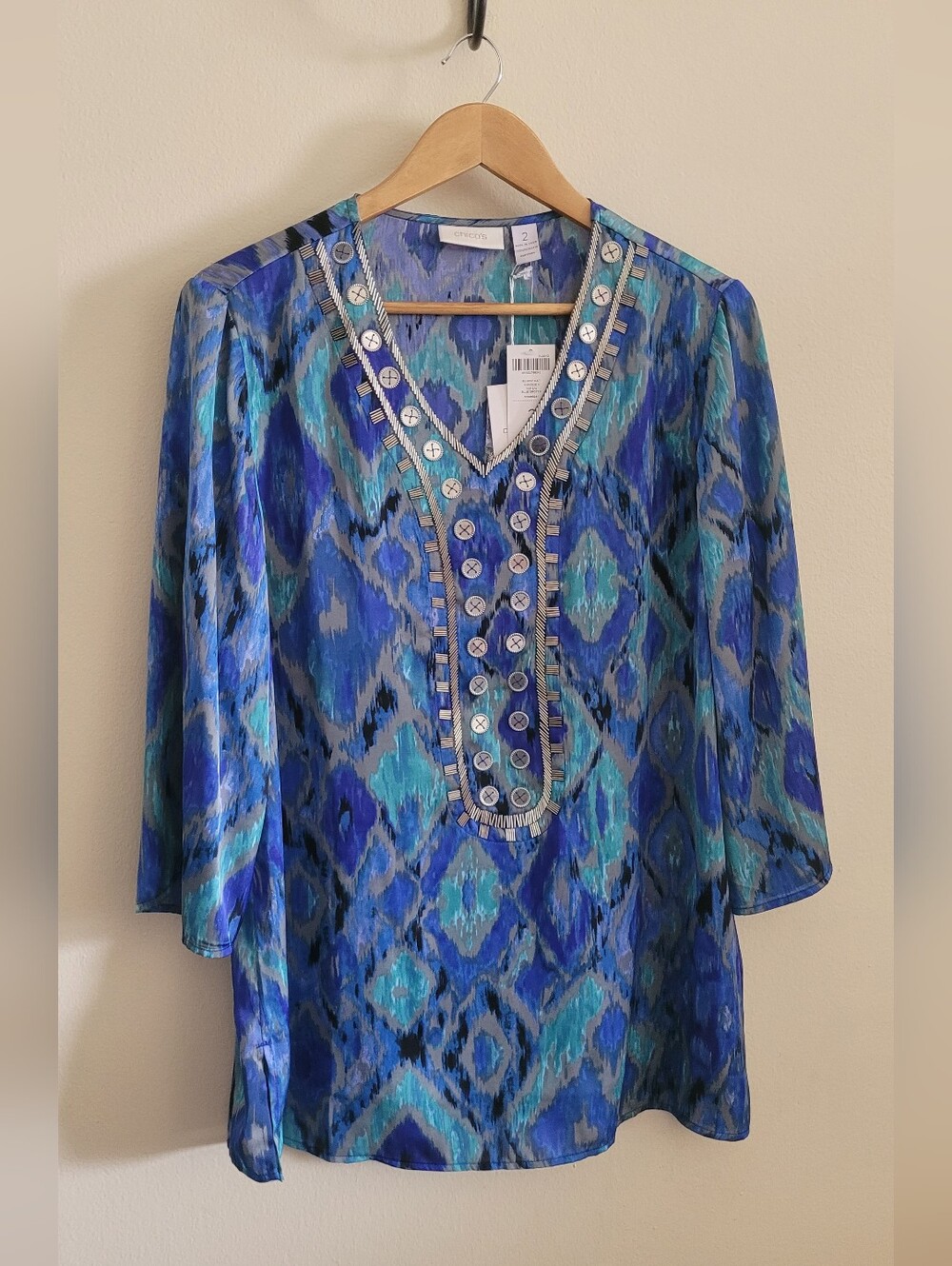 Chico's Blue Teal Patterned V-Neck Tunic